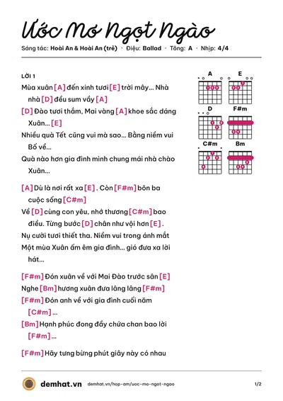 Hợp âm Ước Mơ Ngọt Ngào (Cẩm Ly) – bản nhạc PDF trang 1, tông A