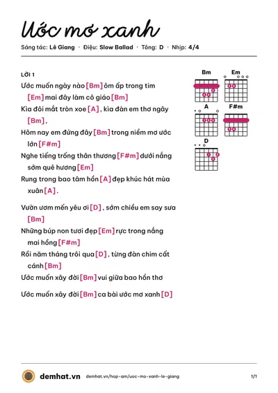 Hợp âm Uớc mơ xanh (Phương Nhung) – bản nhạc PDF trang 1, tông D