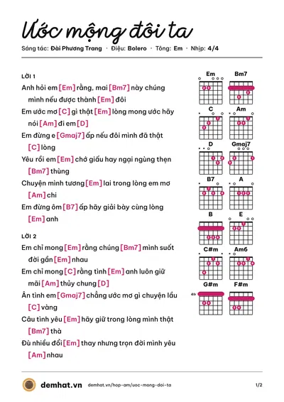 Hợp âm Ước mộng đôi ta (Trường Vũ) – bản nhạc PDF trang 1, tông Em