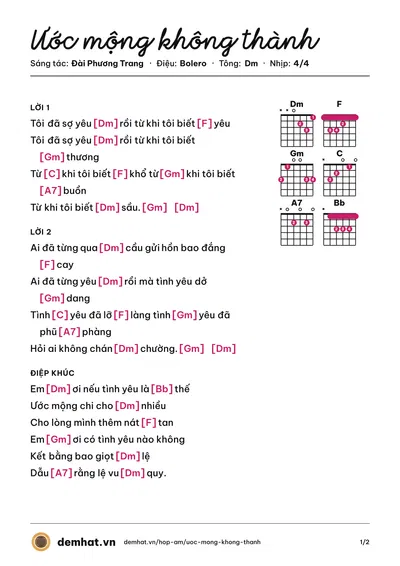 Hợp âm Ước mộng không thành (Đài Phương Trang) – bản nhạc PDF trang 1, tông Dm