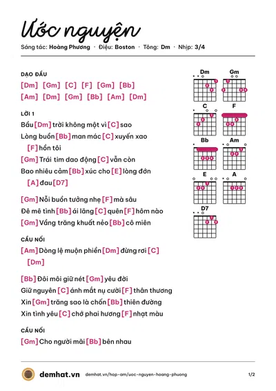 Hợp âm Ước nguyện (Ngọc Quy) – bản nhạc PDF trang 1, tông Dm