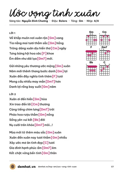 Hợp âm Ước vọng tình xuân (Nguyễn Đình Chương) – bản nhạc PDF trang 1, tông Gm