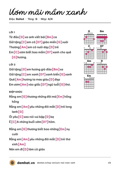 Hợp âm Ươm mãi mầm xanh (Lý Công) – bản nhạc PDF trang 1, tông G