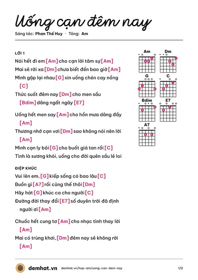 Hợp âm Uống cạn đêm nay (Phan Thế Huy) – bản nhạc PDF trang 1, tông Am