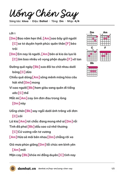Hợp âm Uống Chén Say (khoa) – bản nhạc PDF trang 1, tông Dm
