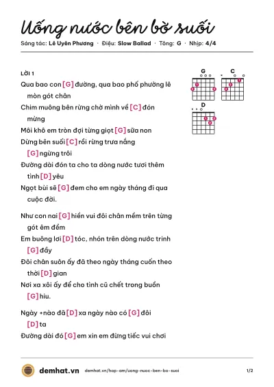 Hợp âm Uống nước bên bờ suối (Lê Uyên) – bản nhạc PDF trang 1, tông G