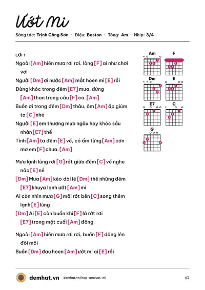 Hợp âm Ướt Mi (Quang Dũng) – bản nhạc PDF trang 1, tông Am