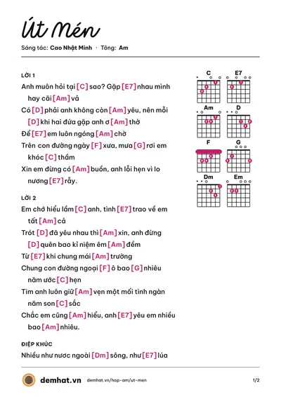 Hợp âm Út Mén (Quỳnh Trang) – bản nhạc PDF trang 1, tông Am
