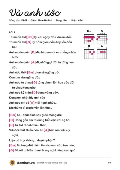 Hợp âm Và anh ước (Khói) – bản nhạc PDF trang 1, tông Bm