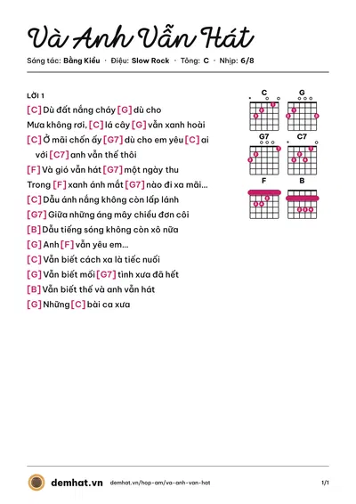 Hợp âm Và Anh Vẫn Hát (Bằng Kiều) – bản nhạc PDF trang 1, tông C