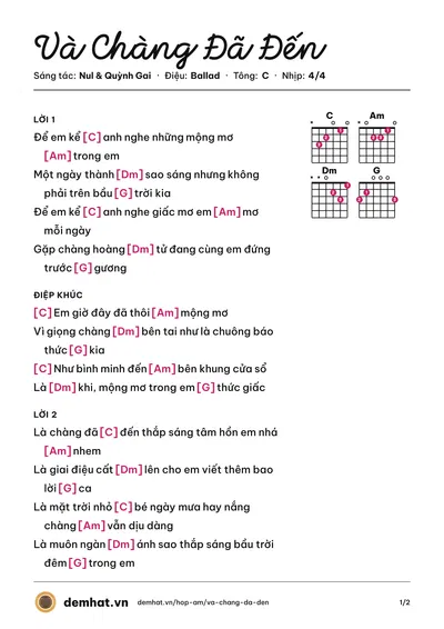 Hợp âm Và Chàng Đã Đến (Quỳnh Gai) – bản nhạc PDF trang 1, tông C