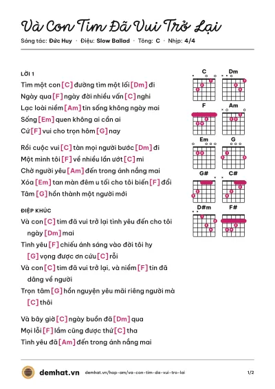 Hợp âm Và Con Tim Đã Vui Trở Lại (Đức Huy) – bản nhạc PDF trang 1, tông C