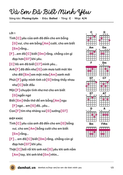 Hợp âm Và Em Đã Biết Mình Yêu (Bảo Anh) – bản nhạc PDF trang 1, tông C