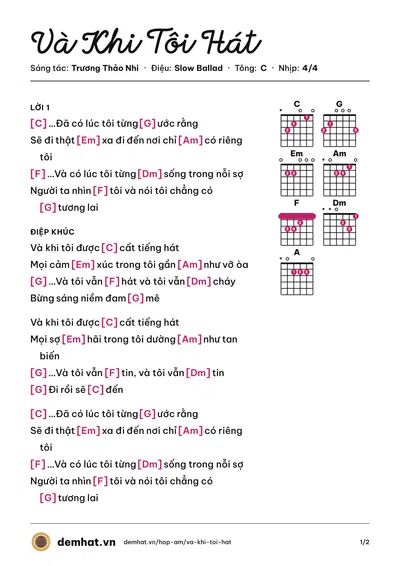 Hợp âm Và Khi Tôi Hát (Trương Thảo Nhi) – bản nhạc PDF trang 1, tông C