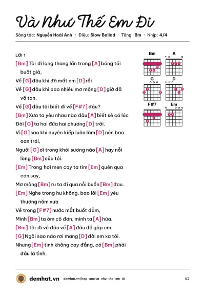 Hợp âm Và Như Thế Em Đi (Ưng Hoàng Phúc) – bản nhạc PDF trang 1, tông Bm