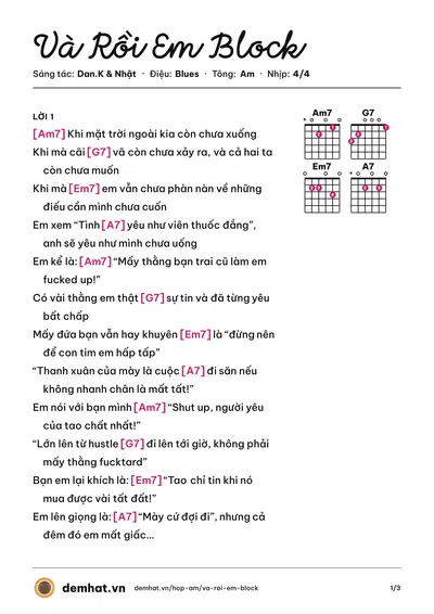 Hợp âm Và Rồi Em Block (SMVL) – bản nhạc PDF trang 1, tông Am