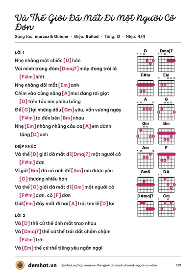 Hợp âm Và Thế Giới Đã Mất Đi Một Người Cô Đơn (marzuz) – bản nhạc PDF trang 1, tông D