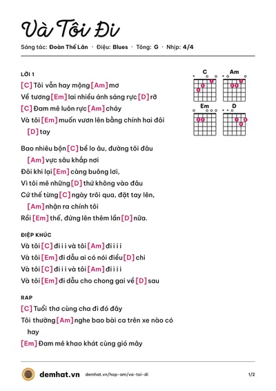 Hợp âm Và Tôi Đi (Đoàn Thế Lân) – bản nhạc PDF trang 1, tông G
