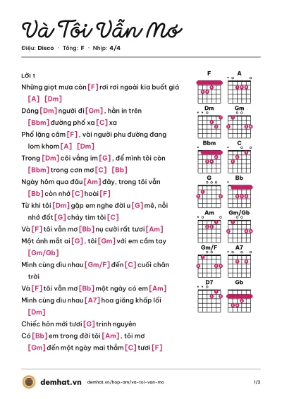 Hợp âm Và Tôi Vẫn Mơ (Đan Trường) – bản nhạc PDF trang 1, tông F