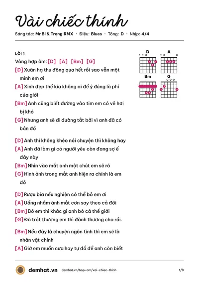 Hợp âm Vài chiếc thính (Mr Bi) – bản nhạc PDF trang 1, tông D