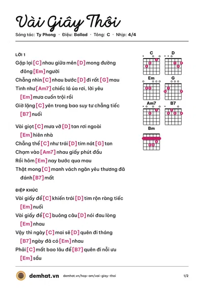 Hợp âm Vài Giây Thôi (Ty Phong) – bản nhạc PDF trang 1, tông C