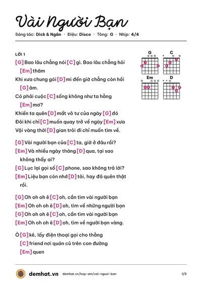 Hợp âm Vài Người Bạn (Ngân) – bản nhạc PDF trang 1, tông G