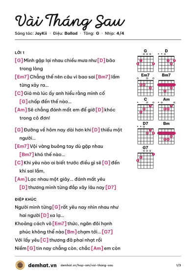 Hợp âm Vài Tháng Sau (JayKii) – bản nhạc PDF trang 1, tông G