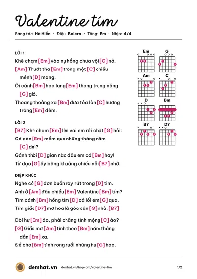Hợp âm Valentine tím (Minh Trang Vocal) – bản nhạc PDF trang 1, tông Em