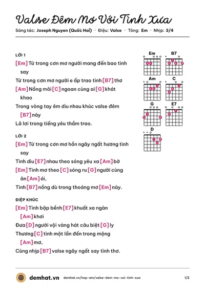 Hợp âm Valse Đêm Mơ Với Tình Xưa (Nam Khánh) – bản nhạc PDF trang 1, tông Em