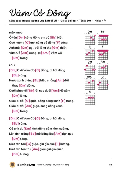 Hợp âm Vàm Cỏ Đông (Quốc Đại) – bản nhạc PDF trang 1, tông Dm