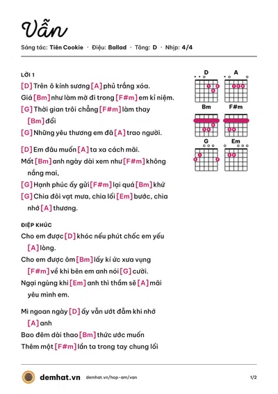 Hợp âm Vẫn (Bích Phương) – bản nhạc PDF trang 1, tông D