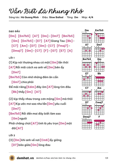 Hợp âm Vẫn Biết Là Nhung Nhớ (Lệ Quyên) – bản nhạc PDF trang 1, tông Dm