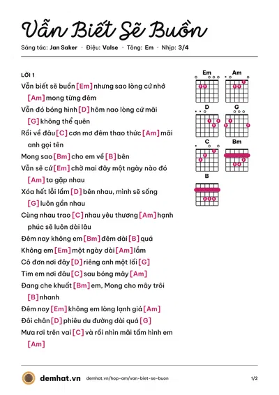 Hợp âm Vẫn Biết Sẽ Buồn (Yanbi) – bản nhạc PDF trang 1, tông Em
