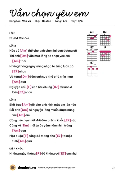 Hợp âm Vẫn chọn yêu em (Văn Vũ) – bản nhạc PDF trang 1, tông Am