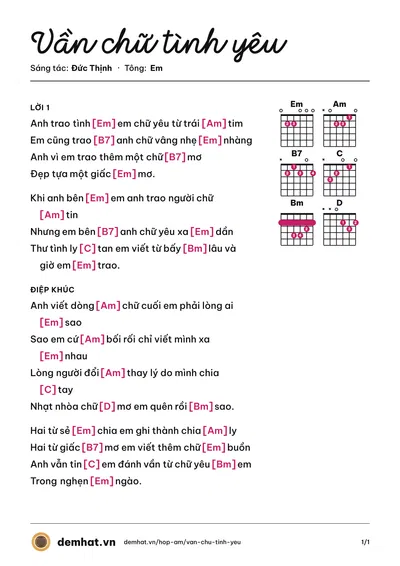 Hợp âm Vần chữ tình yêu (Đức Thịnh) – bản nhạc PDF trang 1, tông Em