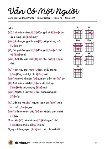 Hợp âm Vẫn Có Một Người (Vũ Đình Phước) – bản nhạc PDF trang 1, tông G