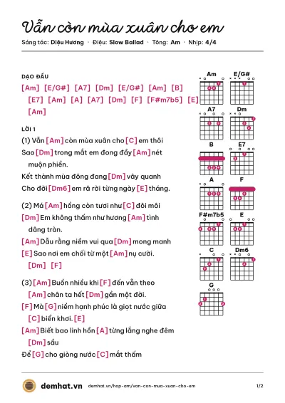 Hợp âm Vẫn còn mùa xuân cho em (Quang Dũng) – bản nhạc PDF trang 1, tông Am