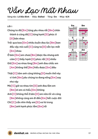 Hợp âm Vẫn Lạc Mất Nhau (Lê Bảo Bình) – bản nhạc PDF trang 1, tông Em