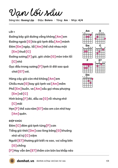 Hợp âm Vạn lối sầu (Quang Lập) – bản nhạc PDF trang 1, tông Am