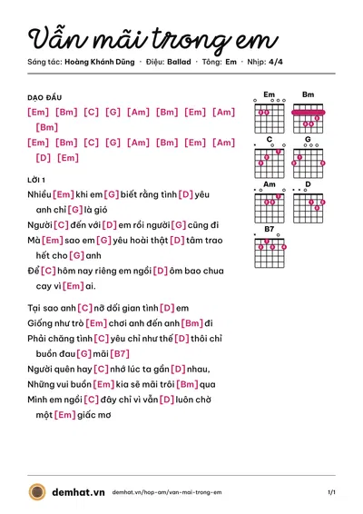 Hợp âm Vẫn mãi trong em (Kim Ny Ngọc) – bản nhạc PDF trang 1, tông Em