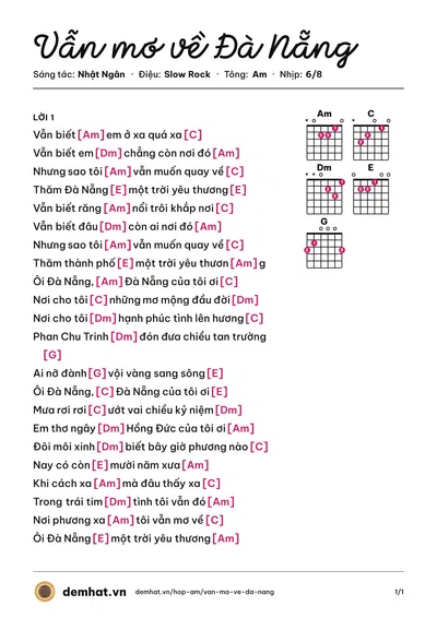 Hợp âm Vẫn mơ về Đà Nẵng (Ngọc Ngữ) – bản nhạc PDF trang 1, tông Am