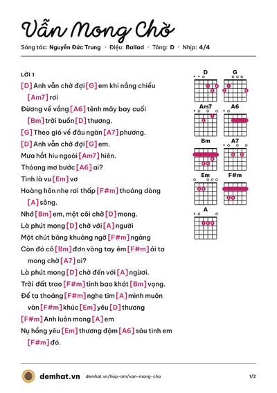 Hợp âm Vẫn Mong Chờ (Lam Trường) – bản nhạc PDF trang 1, tông D