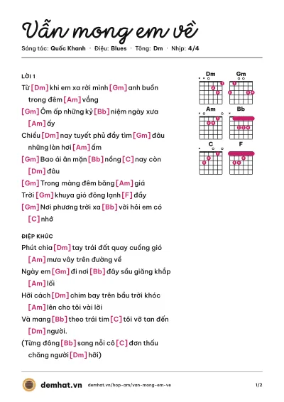 Hợp âm Vẫn mong em về (Quốc Khanh) – bản nhạc PDF trang 1, tông Dm
