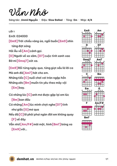 Hợp âm Vẫn Nhớ (Jimmii Nguyễn) – bản nhạc PDF trang 1, tông Em