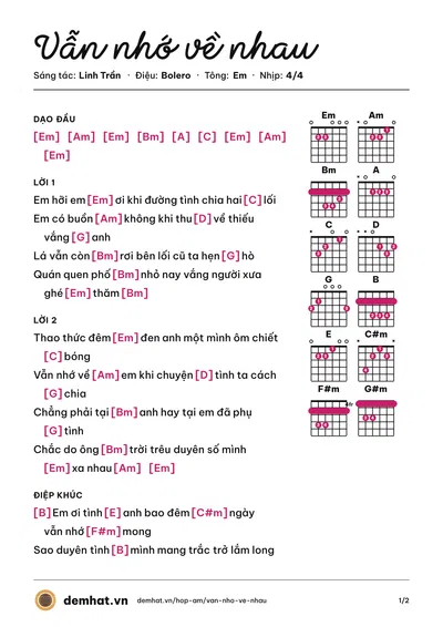 Hợp âm Vẫn nhớ về nhau (Hoài Thương) – bản nhạc PDF trang 1, tông Em