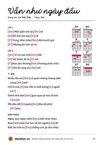Hợp âm Vẫn như ngày đầu (Hoài Tâm) – bản nhạc PDF trang 1, tông Am