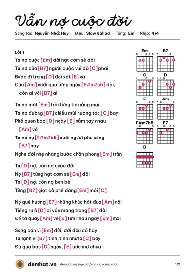 Hợp âm Vẫn nợ cuộc đời (Lâm Hùng) – bản nhạc PDF trang 1, tông Em