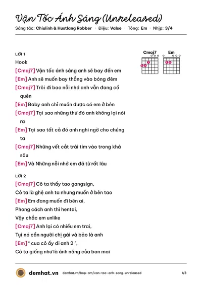 Hợp âm Vận Tốc Ánh Sáng (Unreleased) (Hustlang Robber) – bản nhạc PDF trang 1, tông Em