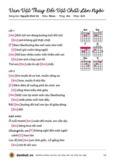 Hợp âm Van Vật Thay Đổi Vật Chất Lên Ngôi (Nguyễn Đình Vũ) – bản nhạc PDF trang 1, tông Am