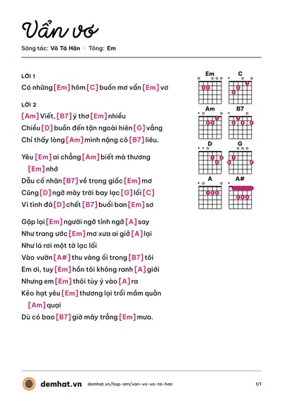 Hợp âm Vẩn vơ (Diệu Hiền) – bản nhạc PDF trang 1, tông Em